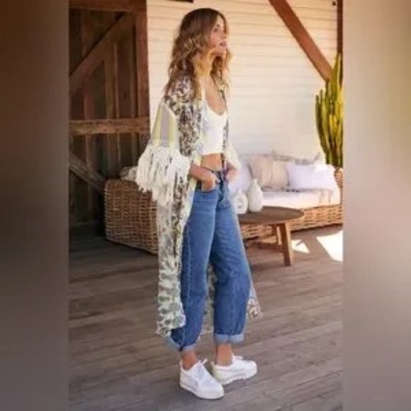 Free People Watching Waves Maxi Shirt Cover-up Oversized Aquamarine Boho Size XS - Picture 6 of 14